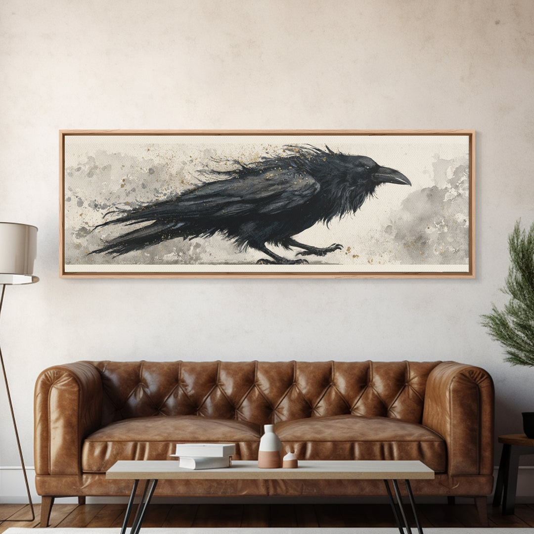 Raven Silhouette with Gothic Atmosphere Framed Canvas Print, Bird Art, Modern Wall Art, Living Room Decor, Fine Art, Flight, BIR-3x1-1