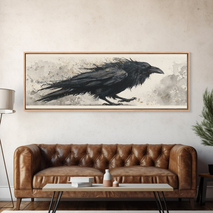 Raven Silhouette with Gothic Atmosphere Framed Canvas Print, Bird Art, Modern Wall Art, Living Room Decor, Fine Art, Flight, BIR-3x1-1