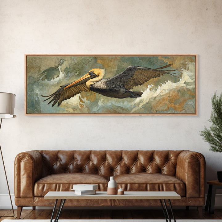Pelican Flying over Coastal Waves Framed Canvas Print, Bird Art, Home Decor, Living Room Decor, Flight, Modern Wall Art, BIR-3x1-10