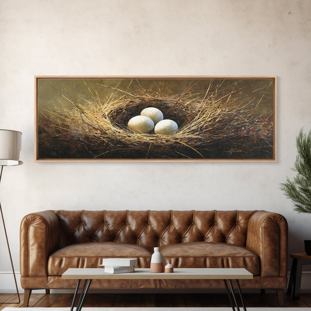 Bird Nest with Eggs and Delicate Twigs Canvas Print, Bird Art, Floral Art, Living Room Decor, Fine Art, Flight, BIR-3x1-14