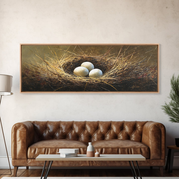 Bird Nest with Eggs and Delicate Twigs Canvas Print, Bird Art, Floral Art, Living Room Decor, Fine Art, Flight, BIR-3x1-14