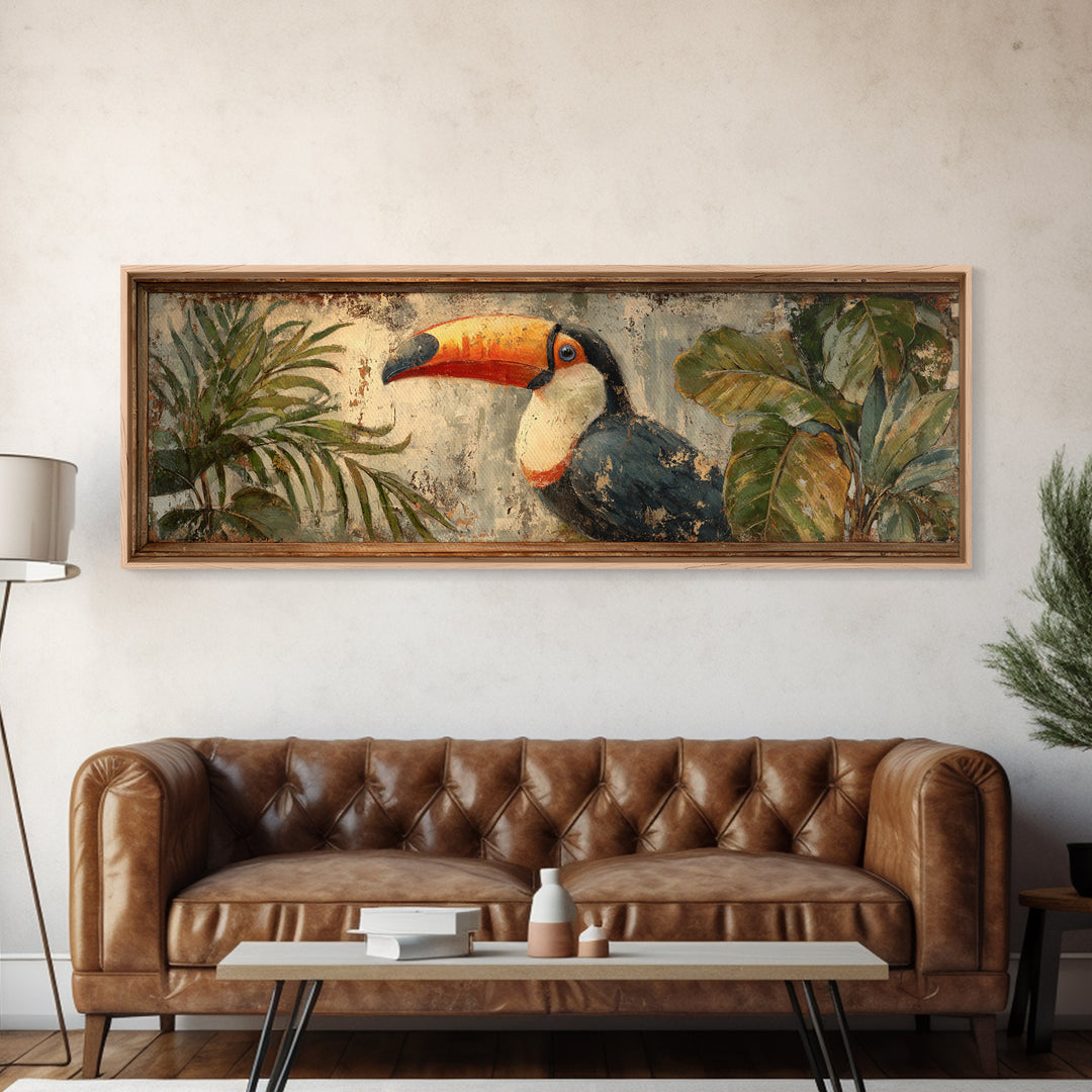 Toucan Framed by Bold Jungle Foliage Framed Canvas Print, Bird Art, Rustic Home Decor, Living Room Decor, Fine Art, Flight, BIR-3x1-15