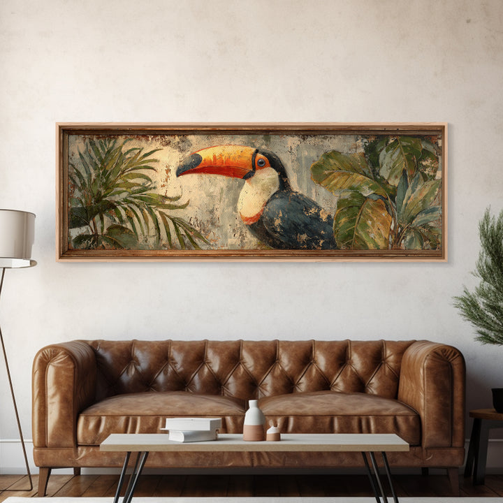 Toucan Framed by Bold Jungle Foliage Framed Canvas Print, Bird Art, Rustic Home Decor, Living Room Decor, Fine Art, Flight, BIR-3x1-15