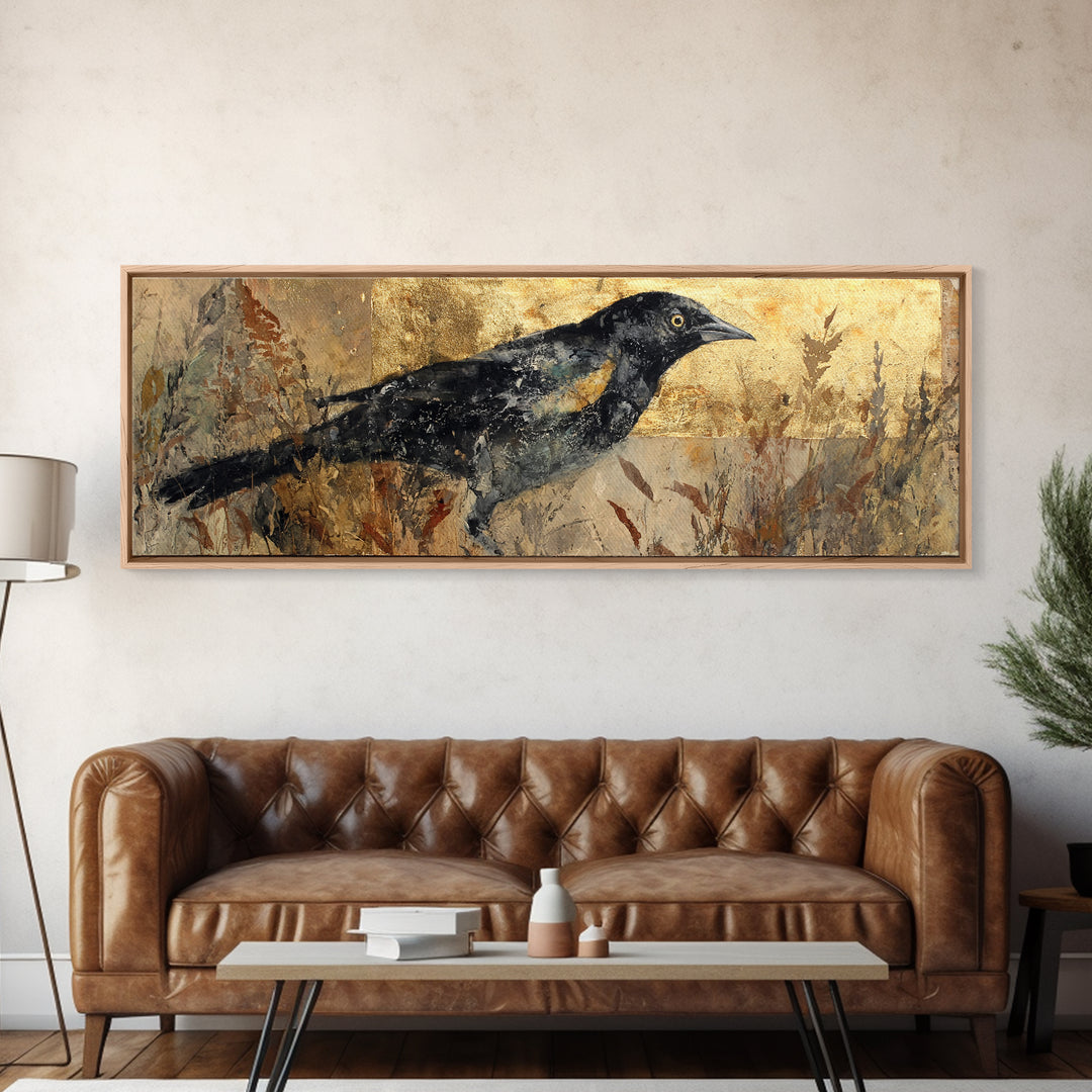 Blackbird on Gold Wheat Field Canvas Print, Bird Art, Mcm Decor, Living Room Decor, Flight, Neutral Decor, Modern Decor, BIR-3x1-16