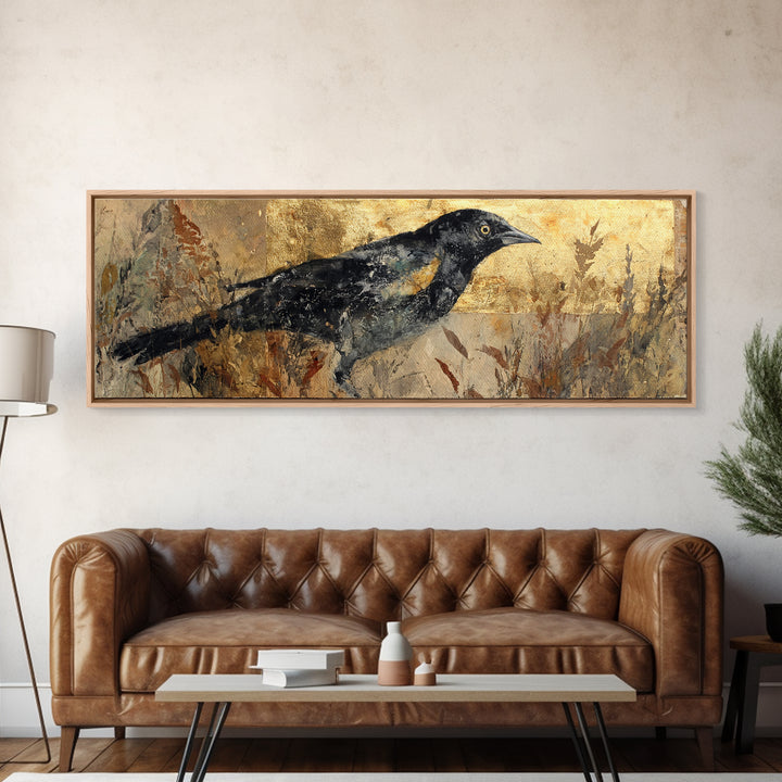 Blackbird on Gold Wheat Field Canvas Print, Bird Art, Mcm Decor, Living Room Decor, Flight, Neutral Decor, Modern Decor, BIR-3x1-16