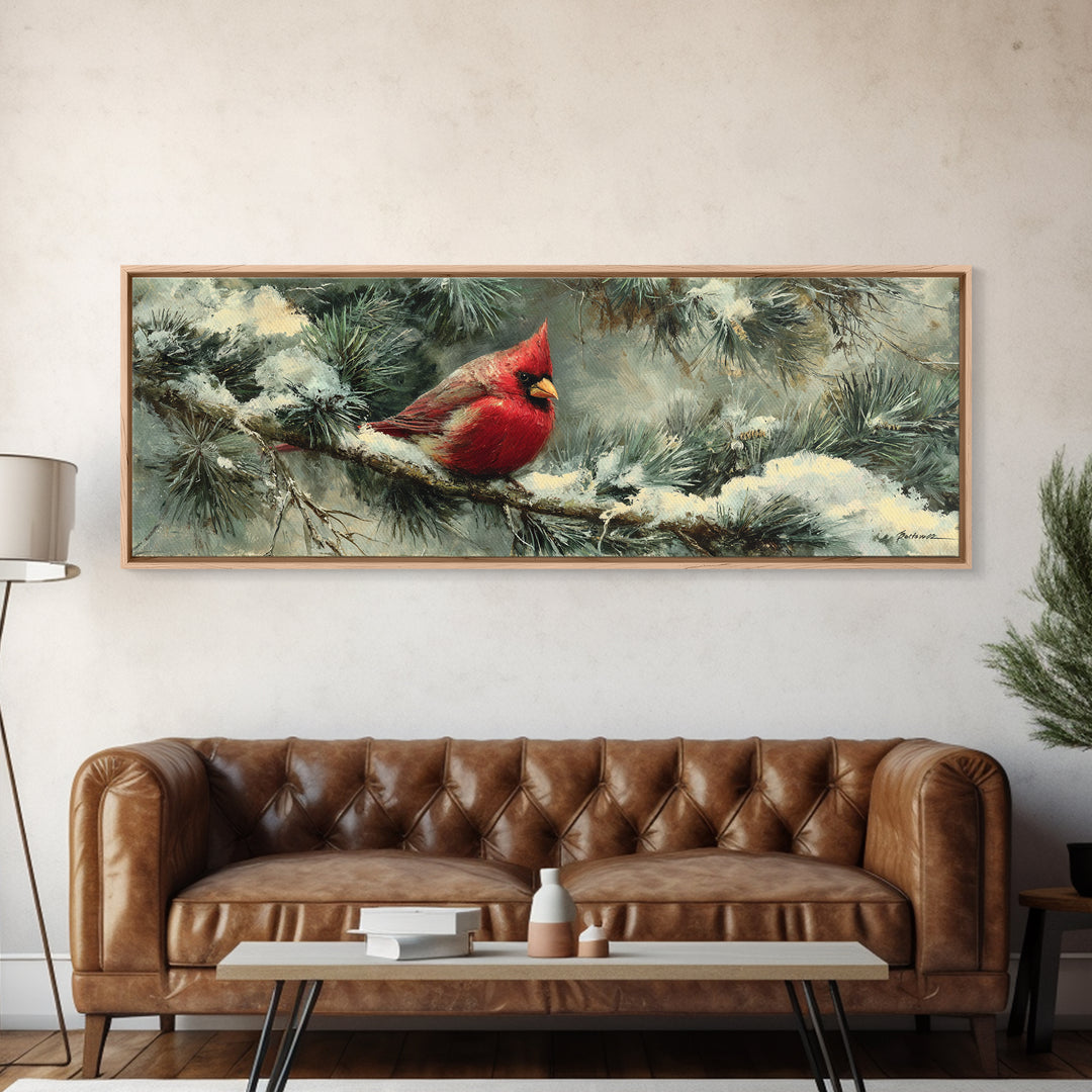 Red Cardinal on Snowy Pine Branch Framed Canvas Print, Bird Art, Botanical Wall Art, Living Room Decor, Watercolor Art, Flight, BIR-3x1-17