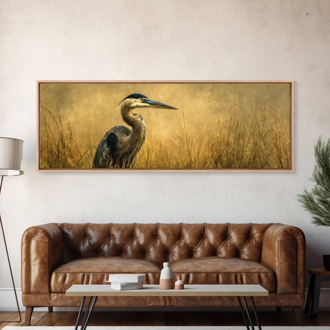 Blue Heron in Misty Marsh Grass Framed Canvas Print, Bird Art, Printable Art, Living Room Decor, Flight, Mid Century Wall Art, BIR-3x1-18