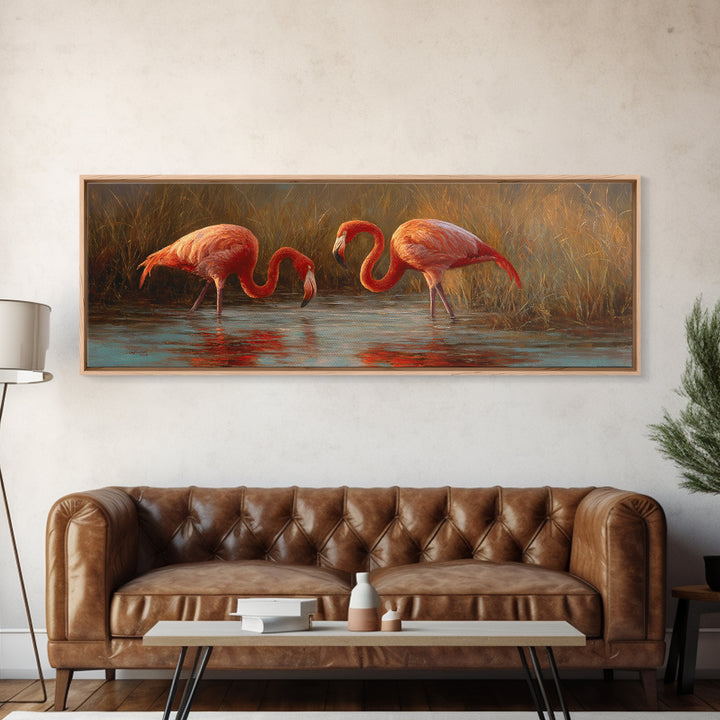 Flamingo Pair in Coral Water Reflections Framed Canvas Print, Bird Art, Mid Century Modern, Living Room Decor, Fine Art, Flight, BIR-3x1-2
