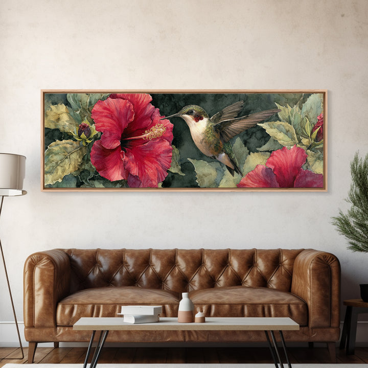 Hummingbird Hovering Beside Bright Hibiscus Canvas Print, Bird Art, Bird Wall Art, Living Room Decor, Fine Art, Flight, BIR-3x1-20