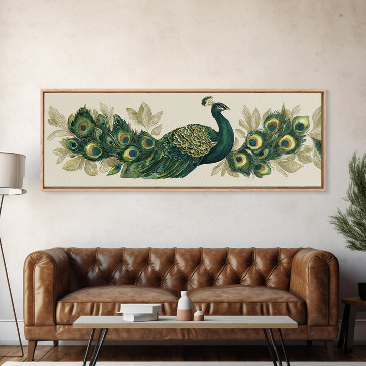 Peacock with Jewel Tone Feather Pattern Framed Canvas Print, Bird Art, Boho Decor, Living Room Decor, Fine Art, Flight, BIR-3x1-23