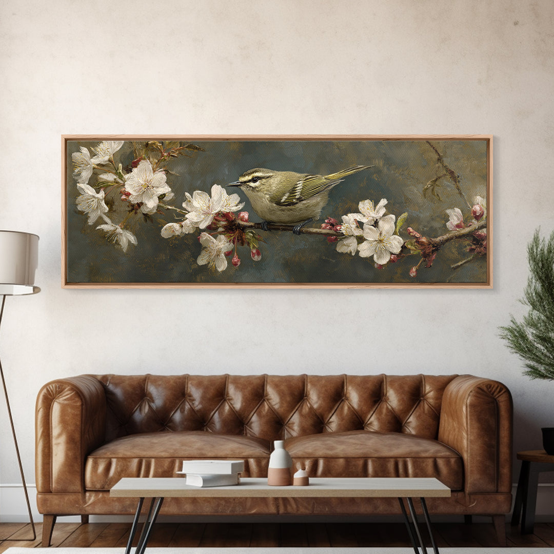 Songbird Perched on Cherry Blossoms Canvas Print, Bird Art, Nature Wall Art, Living Room Decor, Fine Art, Flight, BIR-3x1-24
