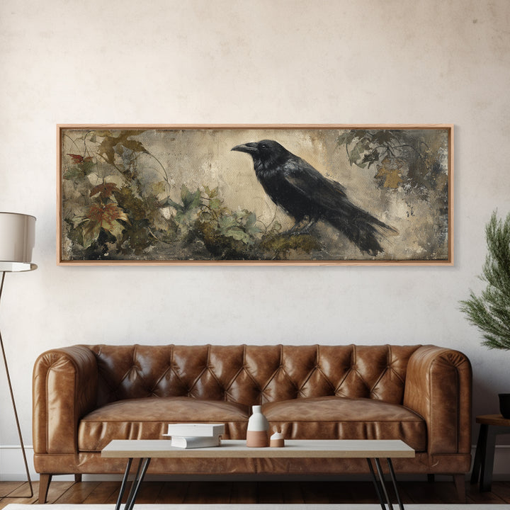 Raven Silhouette with Gothic Atmosphere Canvas Print, Bird Art, Mcm Decor, Living Room Decor, Abstract Art, Flight, BIR-3x1-25