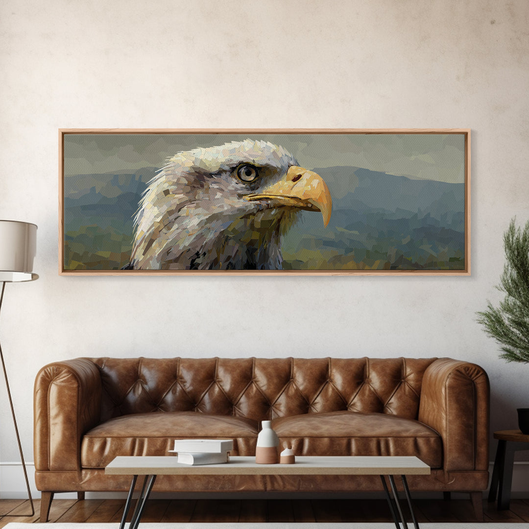 Eagle Portrait with Dramatic Mountain Wind Framed Canvas Print, Bird Art, Rustic Home Decor, Living Room Decor, Oil Painting, BIR-3x1-28