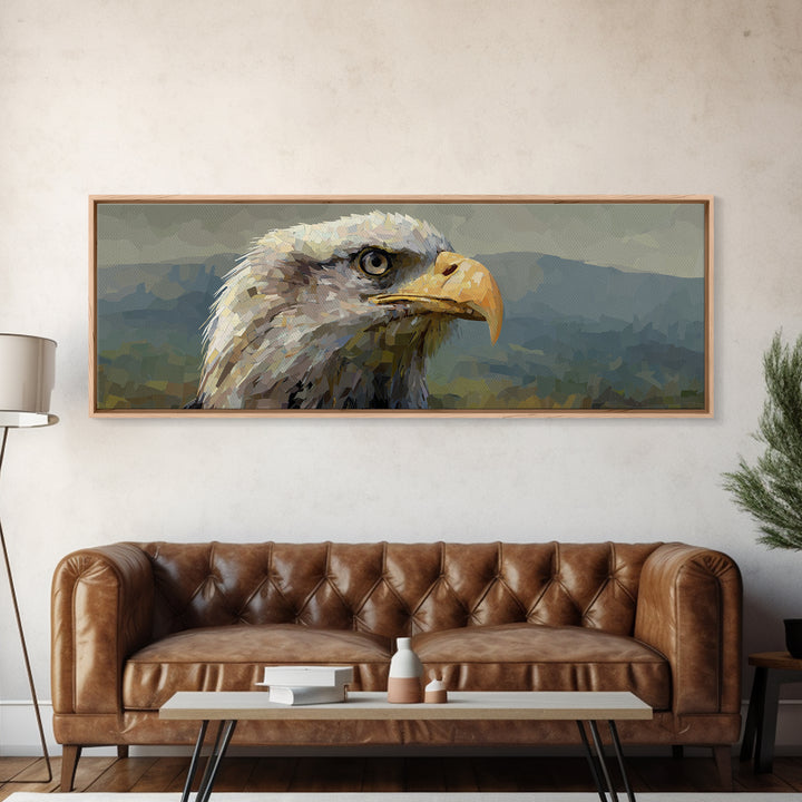 Eagle Portrait with Dramatic Mountain Wind Framed Canvas Print, Bird Art, Rustic Home Decor, Living Room Decor, Oil Painting, BIR-3x1-28