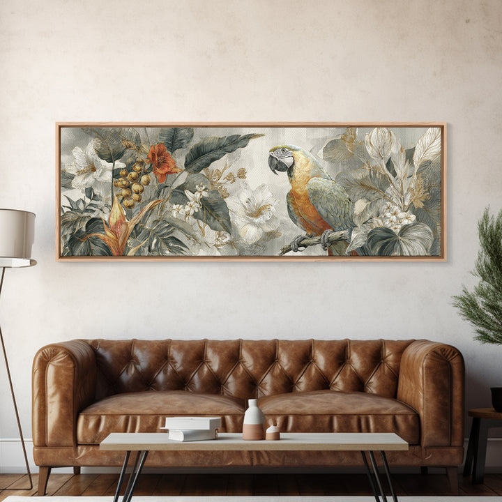 Parrot Among Tropical Leaves and Fruit Canvas Print, Bird Art, Boho Wall Decor, Living Room Decor, Oil Painting, Flight, BIR-3x1-29