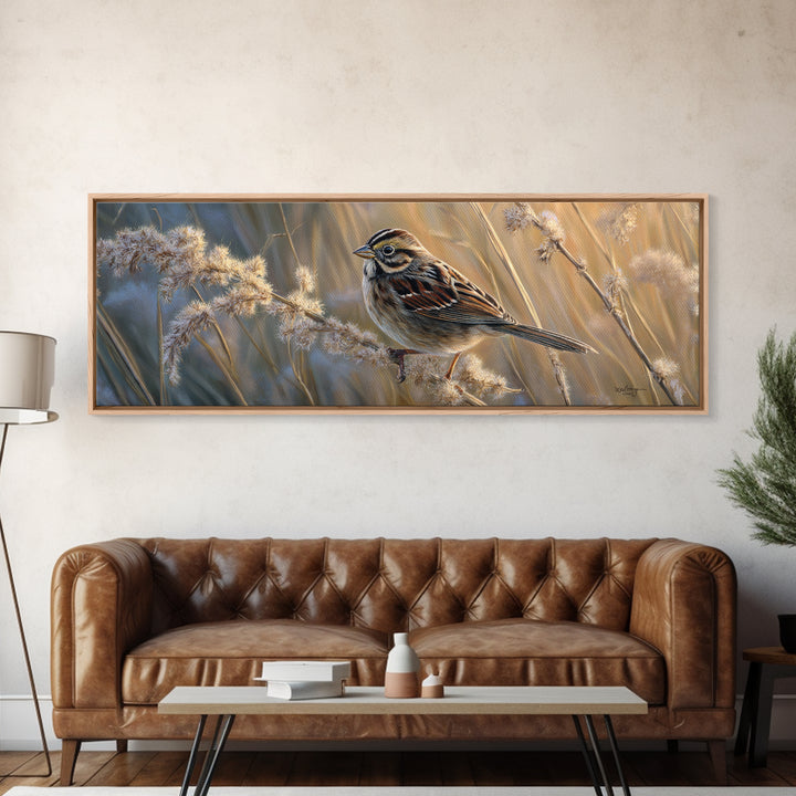 Small Sparrow on Wildflower Stem Canvas Print, Bird Art, Wall Art, Living Room Decor, Watercolor Art, Flight, Japanese Wall Art, BIR-3x1-30