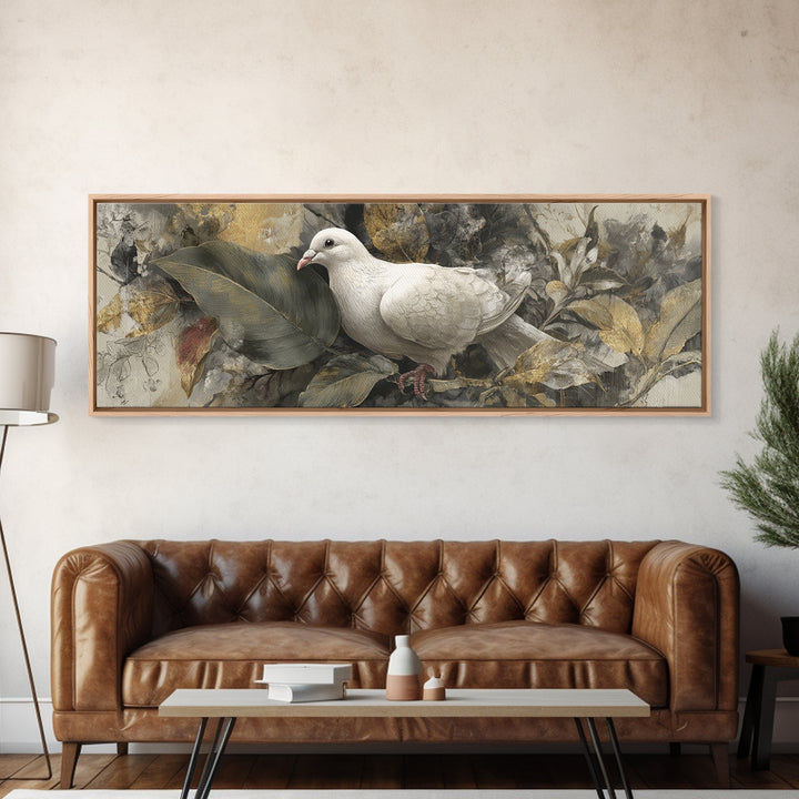 White Dove with Olive Branch and Calm Framed Canvas Print, Bird Art, Floral Art, Living Room Decor, Fine Art, Flight, BIR-3x1-32