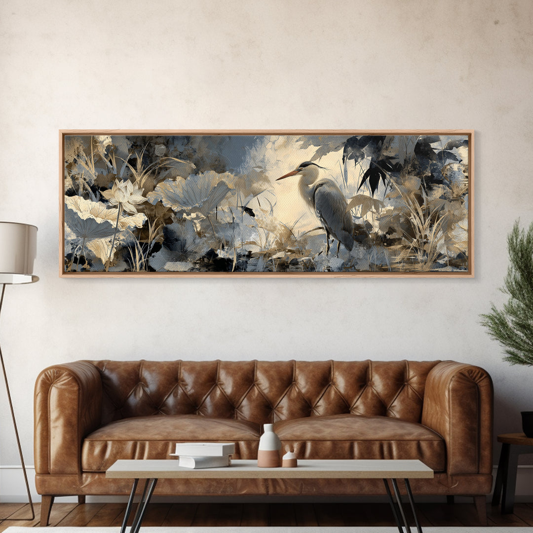 Crane and Lotus Composition Canvas Print, Bird Art, Living Room Decor, Fine Art, Flight, Rustic Home Decor, Floral Art, BIR-3x1-33