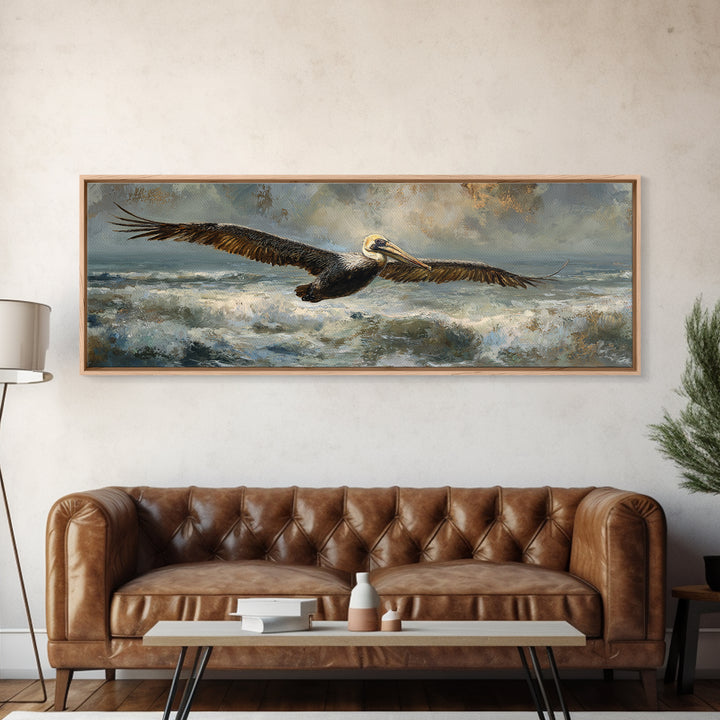 Pelican Flying over Coastal Waves Canvas Print, Bird Art, Original Art, Living Room Decor, Abstract Art, Flight, Mcm Decor, BIR-3x1-34