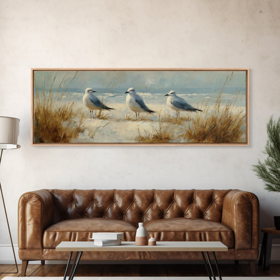 Seagulls Above a Pale Beach Horizon Canvas Print, Bird Art, Forest Wall Art, Living Room Decor, Flight, Minimalist Decor, BIR-3x1-36