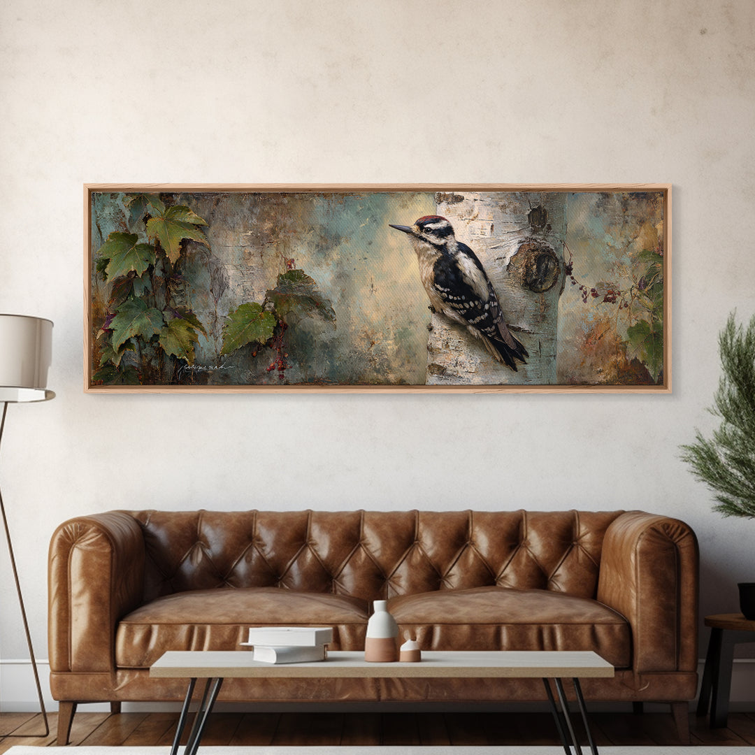 Woodpecker on Birch Bark Texture Framed Canvas Print, Bird Art, Modern Art, Living Room Decor, Watercolor Art, Flight, BIR-3x1-37