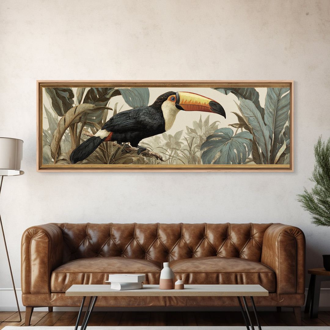 Toucan Framed by Bold Jungle Foliage Canvas Print, Bird Art, Fine Art Print, Living Room Decor, Fine Art, Flight, Wall Decor, BIR-3x1-39