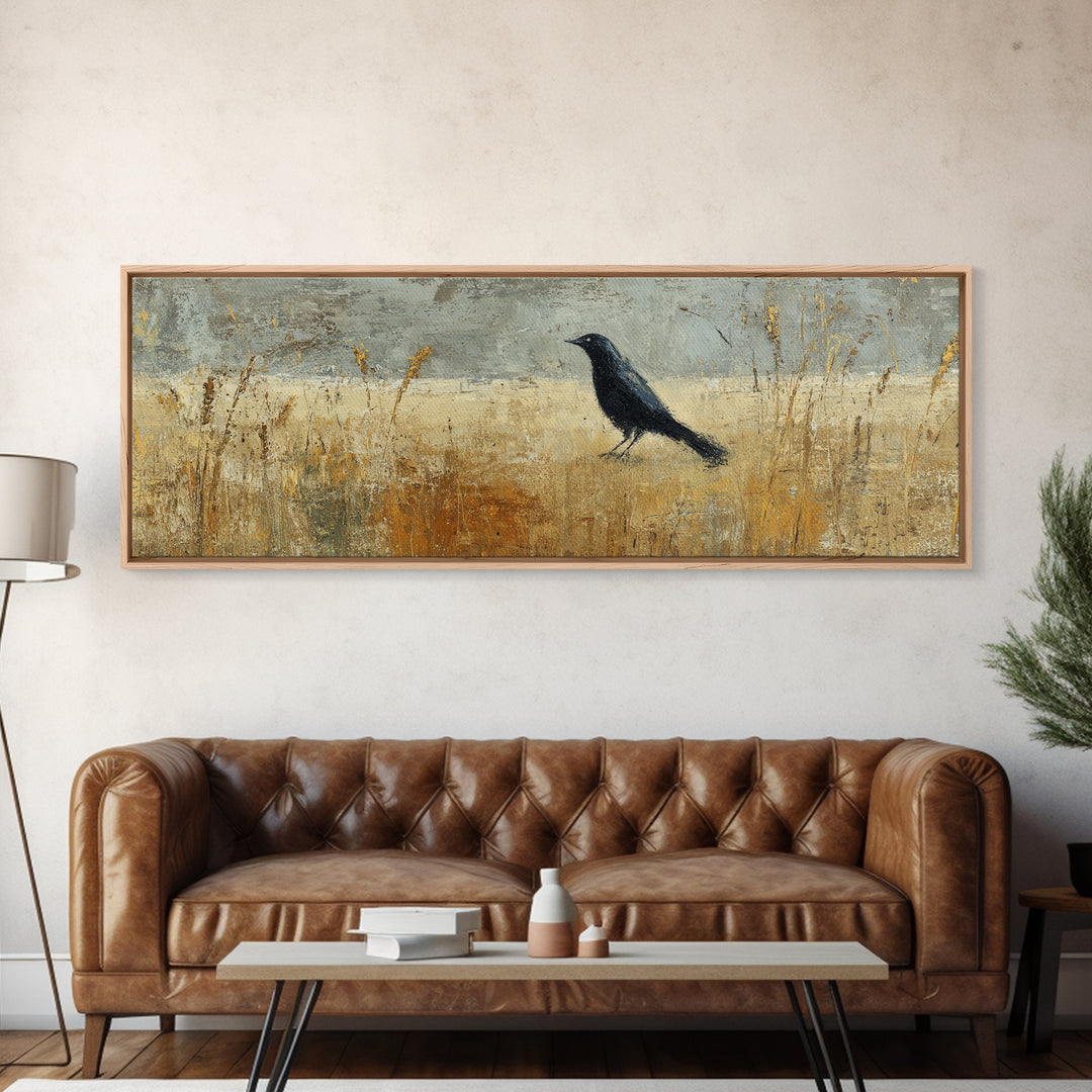 Blackbird on Gold Wheat Field Canvas Print, Bird Art, Gallery Decor, Living Room Decor, Fine Art, Flight, Contemporary Art, BIR-3x1-40