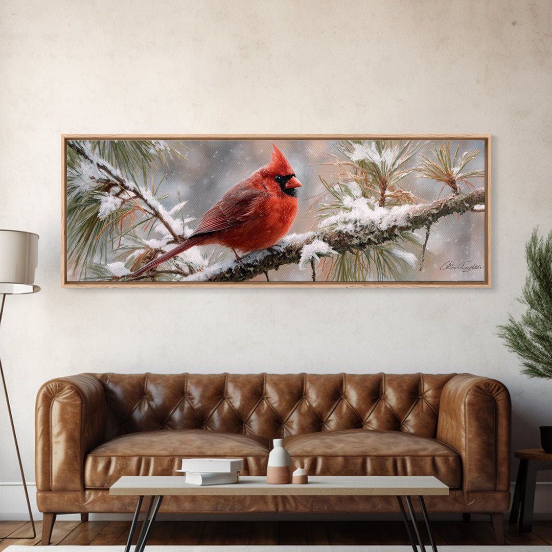 Red Cardinal on Snowy Pine Branch Canvas Print, Bird Art, Nature Prints, Living Room Decor, Fine Art, Flight, Boho Decor, BIR-3x1-41
