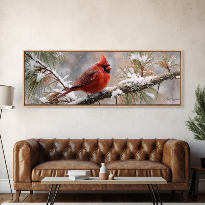 Red Cardinal on Snowy Pine Branch Canvas Print, Bird Art, Nature Prints, Living Room Decor, Fine Art, Flight, Boho Decor, BIR-3x1-41