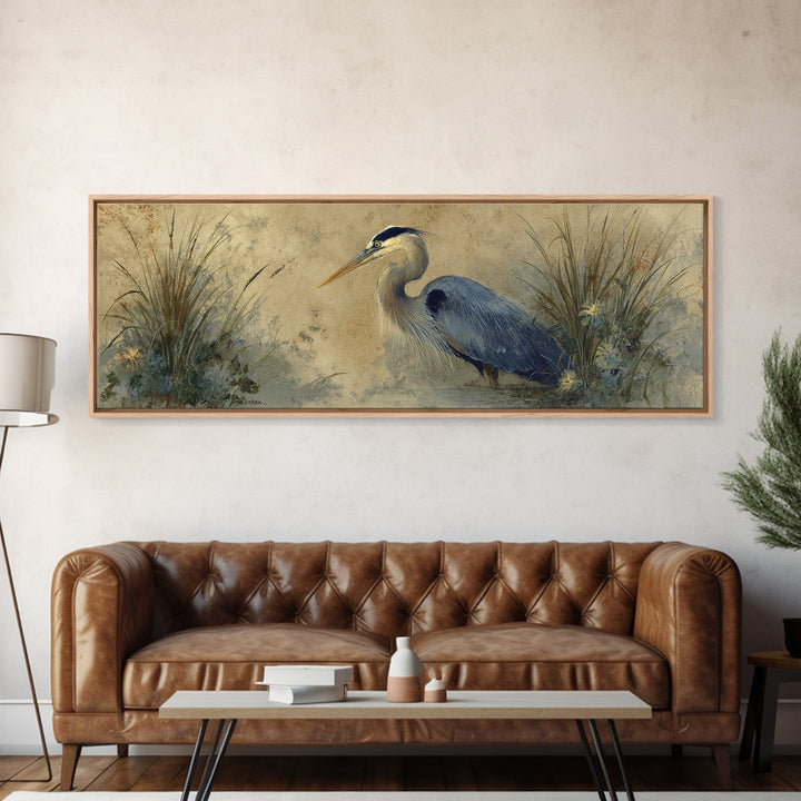 Blue Heron in Misty Marsh Grass Canvas Print, Bird Art, Boho Wall Decor, Living Room Decor, Fine Art, Flight, Nature Wall Art, BIR-3x1-42