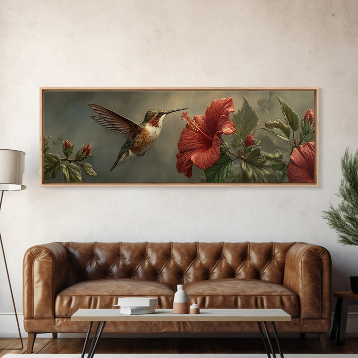 Hummingbird Hovering Beside Bright Hibiscus Framed Canvas Print, Bird Art, Neutral Decor, Living Room Decor, Fine Art, Flight, BIR-3x1-44
