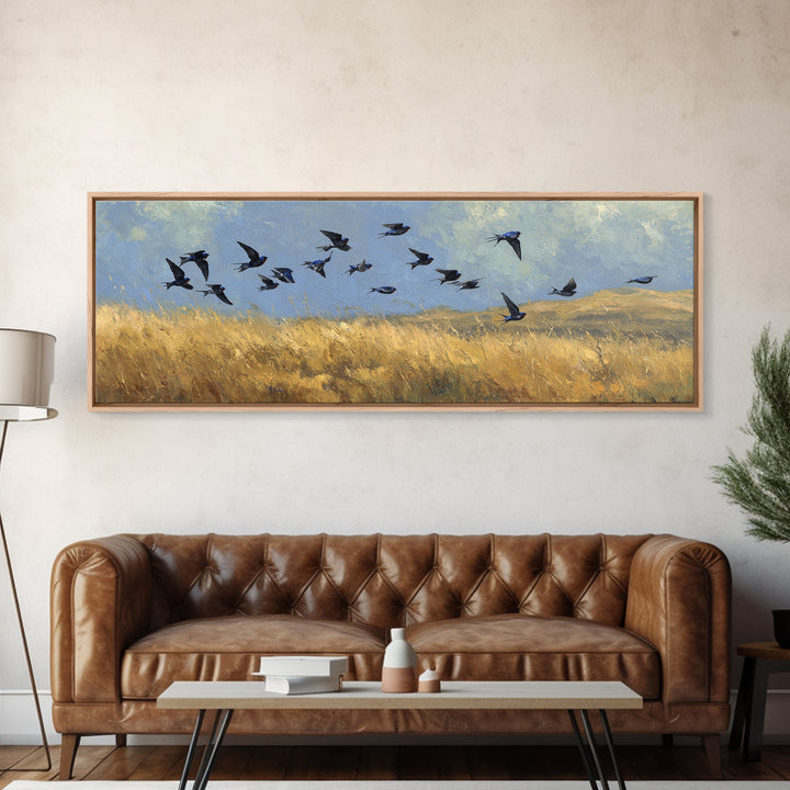 Flock of Swallows Sweeping Across Open Sky Canvas Print, Bird Art, Living Room Decor, Fine Art, Flight, Rustic Home Decor, BIR-3x1-46