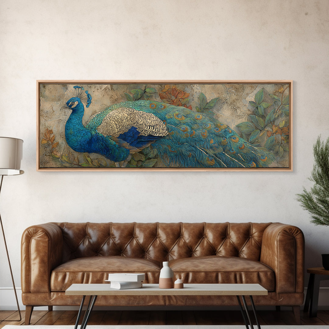 Peacock with Jewel Tone Feather Pattern Framed Canvas Print, Bird Art, Digital Prints, Living Room Decor, Oil Painting, Flight, BIR-3x1-47