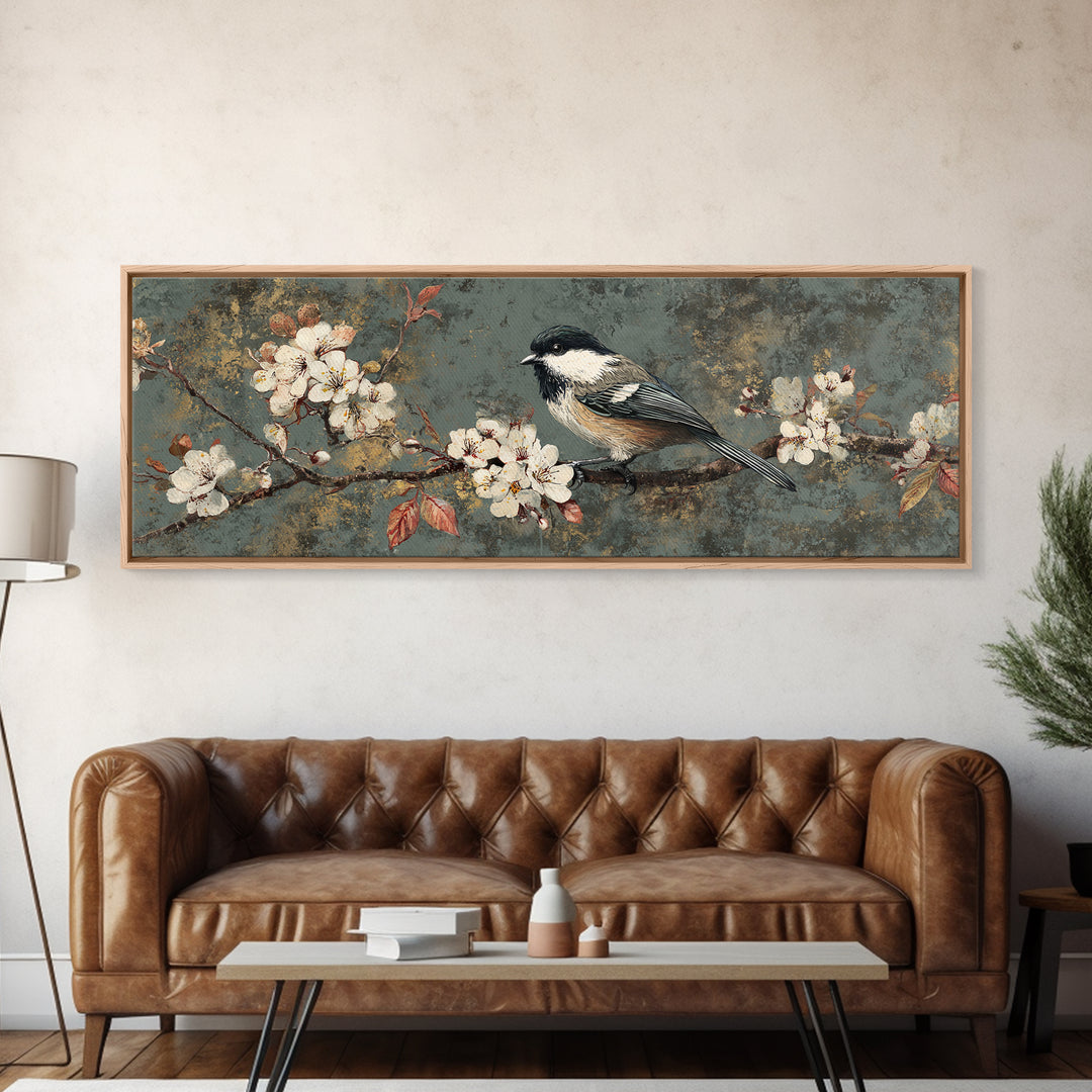 Songbird Perched on Cherry Blossoms Canvas Print, Bird Art, Art Print, Living Room Decor, Fine Art, Flight, Original Art, BIR-3x1-48