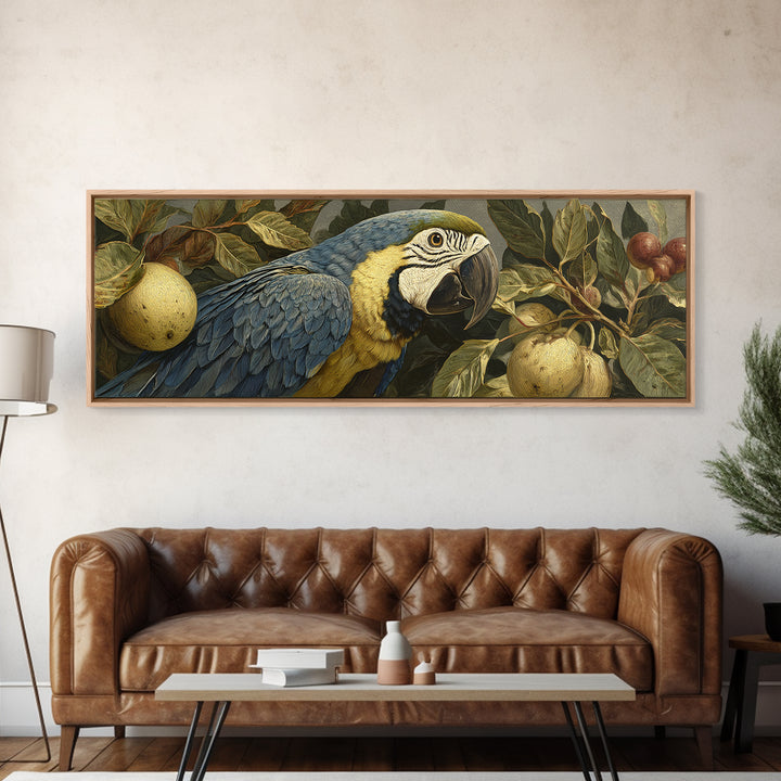 Parrot Among Tropical Leaves and Fruit Framed Canvas Print, Bird Art, Printable Art, Living Room Decor, Watercolor Art, Flight, BIR-3x1-5