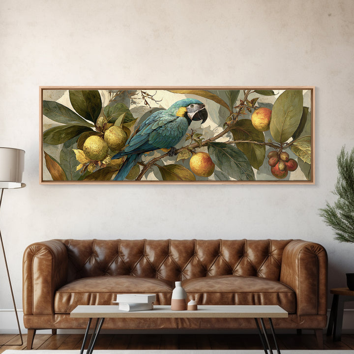Parrot Among Tropical Leaves and Fruit Framed Canvas Print, Bird Art, Bird Prints, Living Room Decor, Fine Art, Flight, BIR-3x1-53