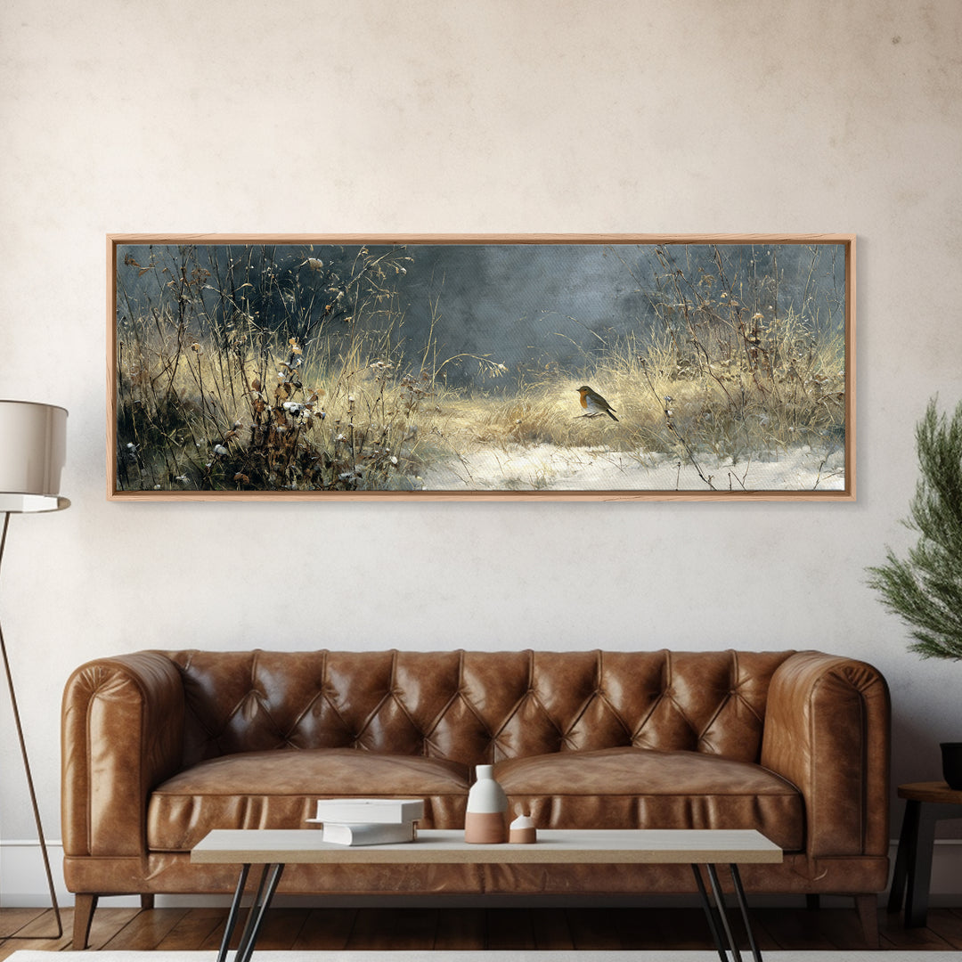 Robin in a Spring Garden with Soft Framed Canvas Print, Bird Art, Contemporary Art, Living Room Decor, Oil Painting, Flight, BIR-3x1-55