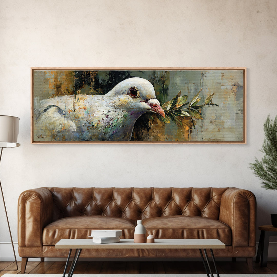 White Dove with Olive Branch and Calm Framed Canvas Print, Bird Art, Textured Painting, Living Room Decor, Oil Painting, Flight, BIR-3x1-56