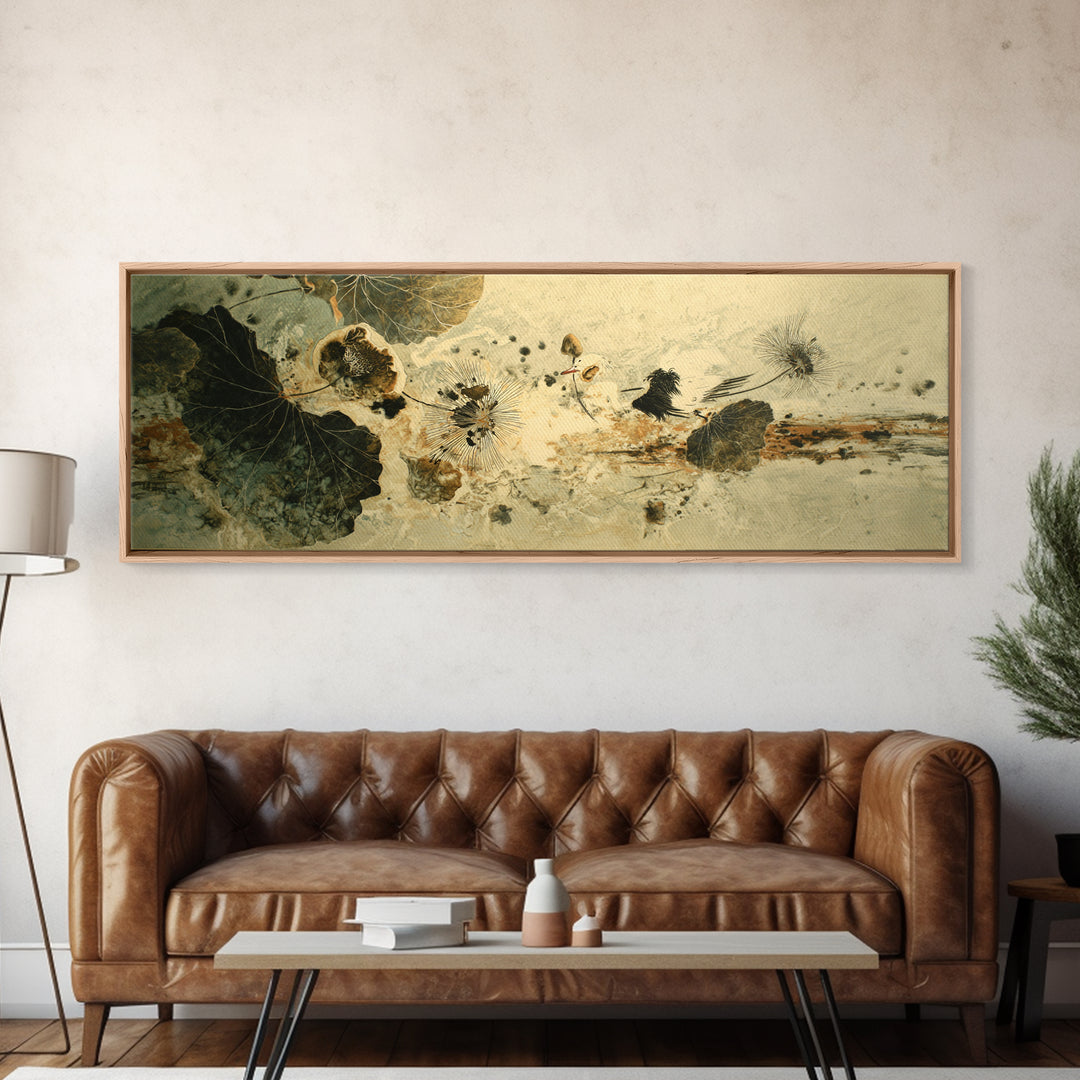 Crane and Lotus Composition Framed Canvas Print, Bird Art, Mid Century Wall Art, Living Room Decor, Fine Art, Flight, BIR-3x1-57