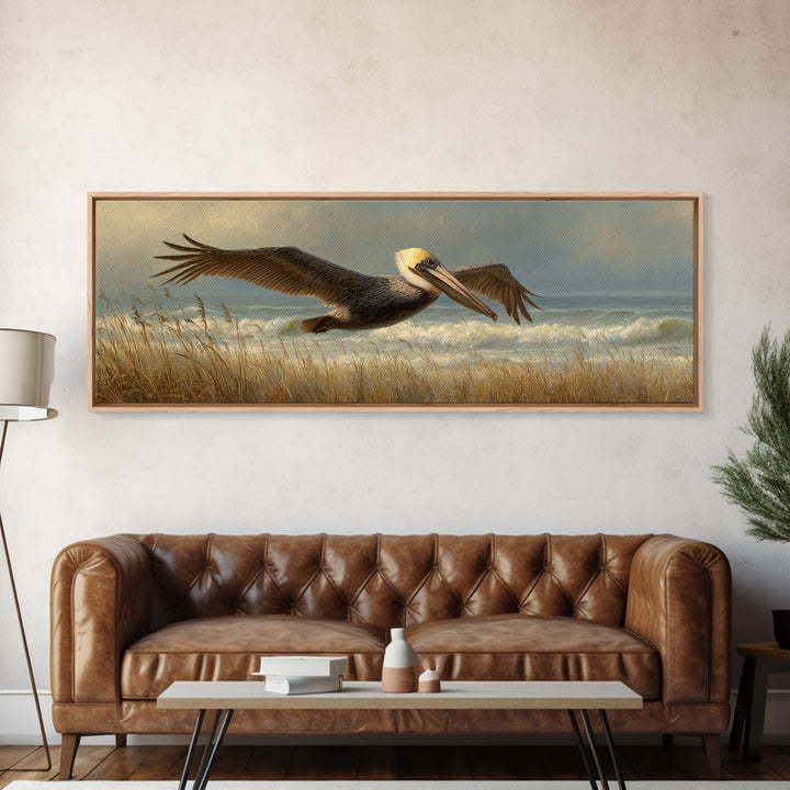 Pelican Flying over Coastal Waves Framed Canvas Print, Bird Art, Japanese Wall Art, Living Room Decor, Fine Art, Flight, BIR-3x1-58