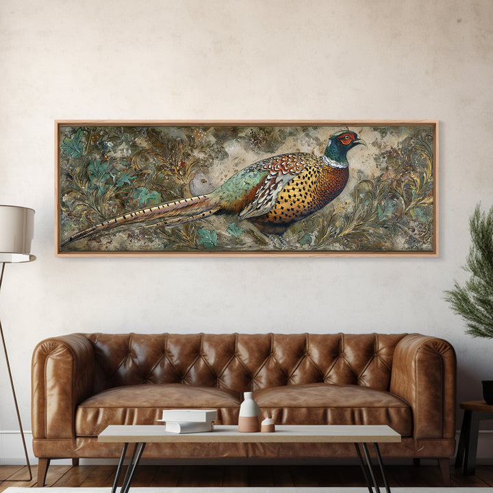 Pheasant with Ornate Feather Details Framed Canvas Print, Bird Art, Wall Art, Living Room Decor, Flight, Japanese Wall Art, BIR-3x1-59