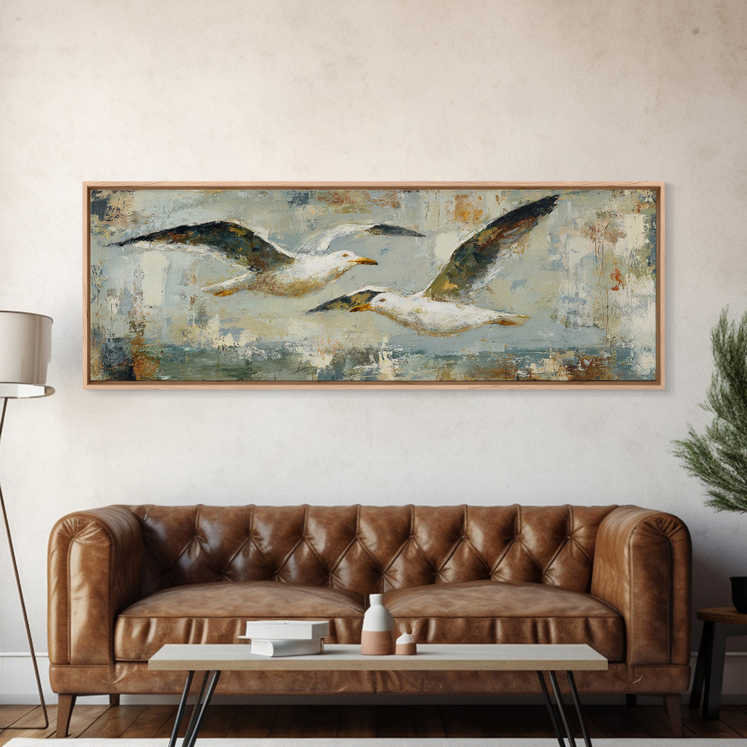 Seagulls Above a Pale Beach Horizon Framed Canvas Print, Bird Art, Boho Decor, Living Room Decor, Oil Painting, Flight, BIR-3x1-60