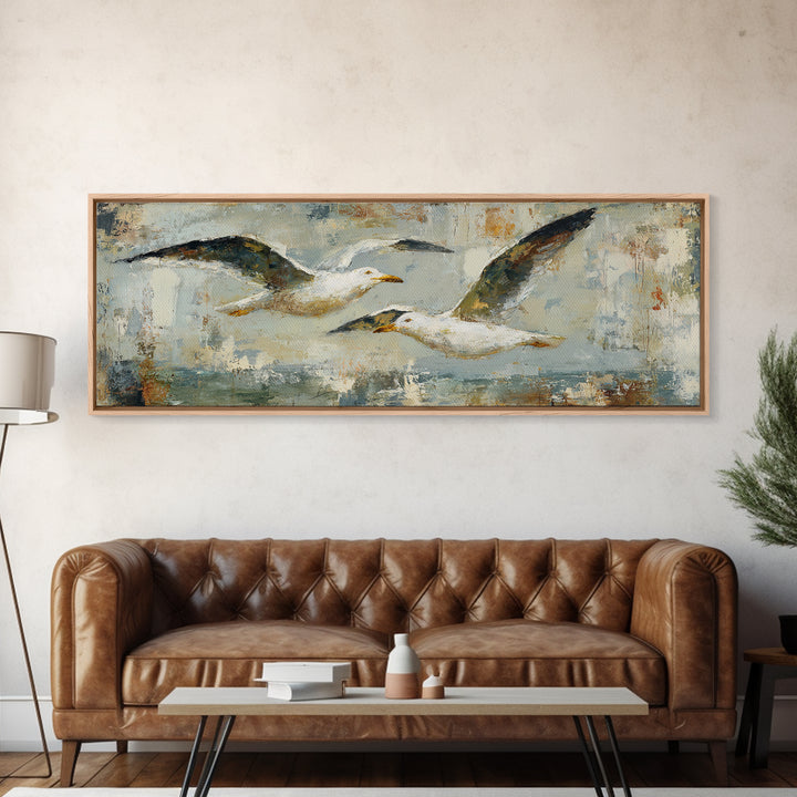 Seagulls Above a Pale Beach Horizon Framed Canvas Print, Bird Art, Boho Decor, Living Room Decor, Oil Painting, Flight, BIR-3x1-60