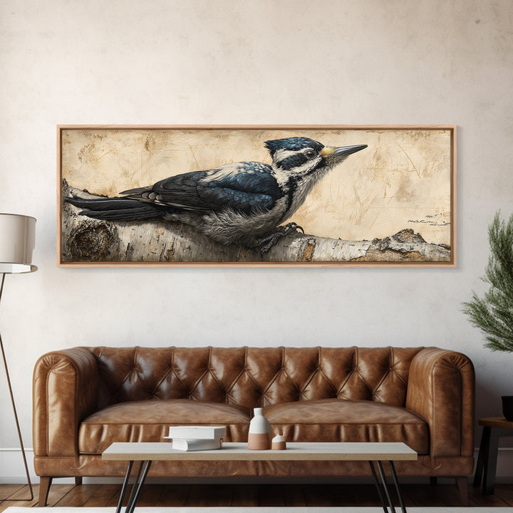 Woodpecker on Birch Bark Texture Canvas Print, Bird Art, Digital Download Art, Living Room Decor, Oil Painting, Flight, BIR-3x1-61