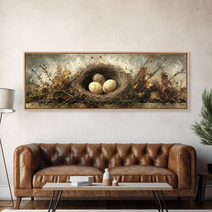 Bird Nest with Eggs and Delicate Twigs Canvas Print, Bird Art, Gallery Decor, Living Room Decor, Oil Painting, Flight, BIR-3x1-62