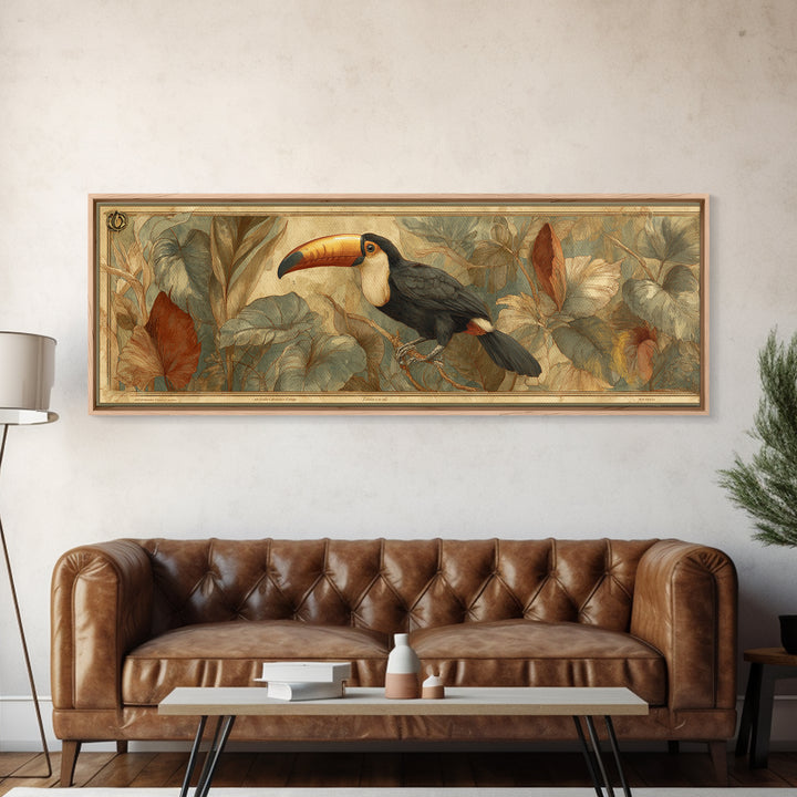 Toucan Framed by Bold Jungle Foliage Framed Canvas Print, Bird Art, Room Decor, Living Room Decor, Fine Art, Flight, BIR-3x1-63