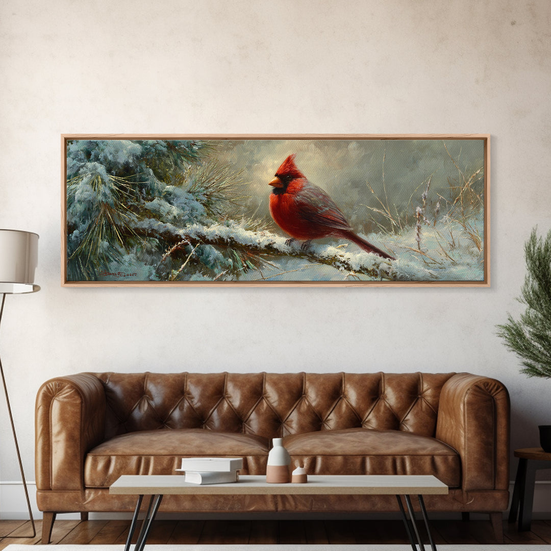 Red Cardinal on Snowy Pine Branch Canvas Print, Bird Art, Nature Prints, Living Room Decor, Fine Art, Flight, Boho Decor, BIR-3x1-65