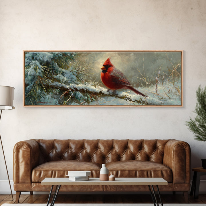 Red Cardinal on Snowy Pine Branch Canvas Print, Bird Art, Nature Prints, Living Room Decor, Fine Art, Flight, Boho Decor, BIR-3x1-65