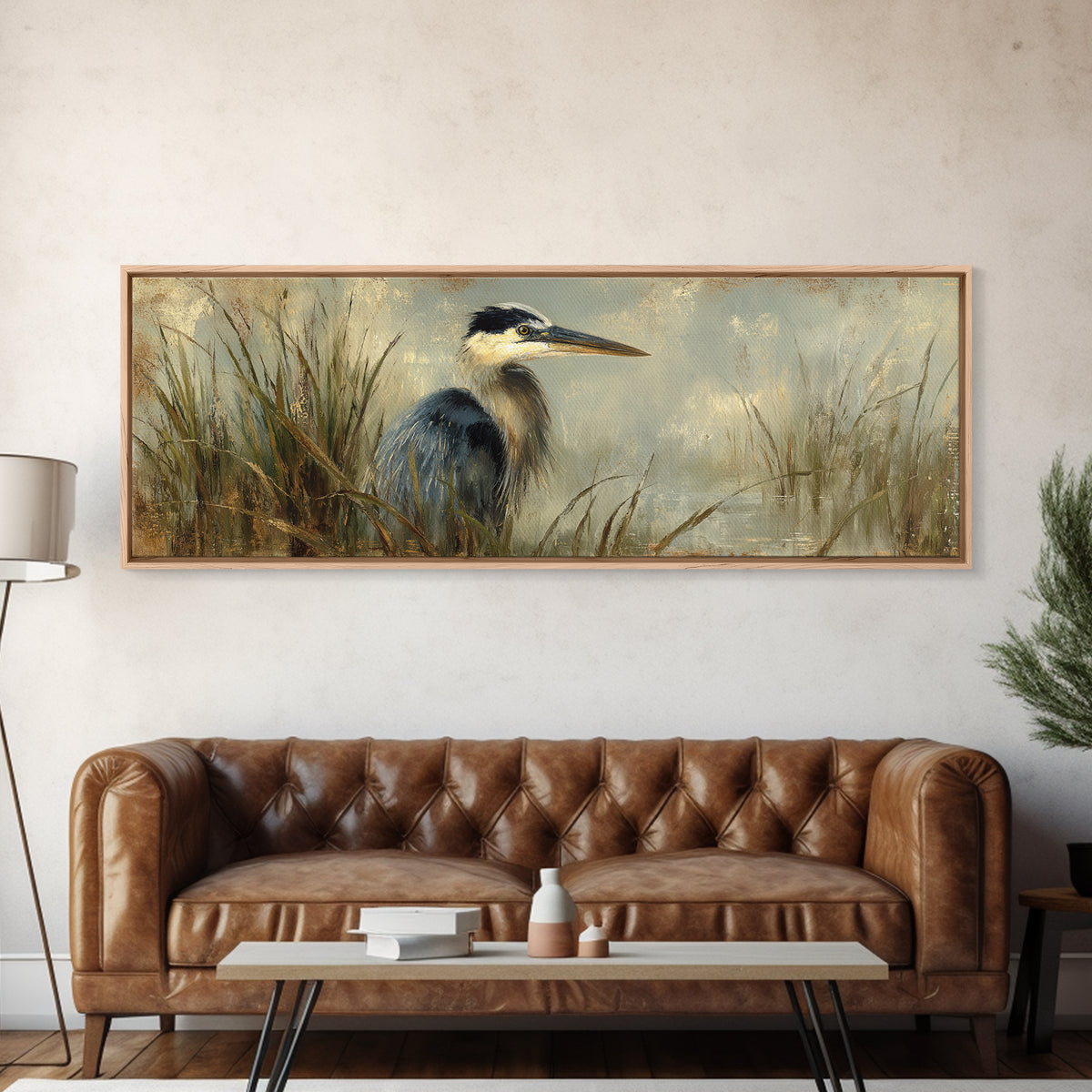 Blue Heron in Misty Marsh Grass Canvas Print, Bird Art, Boho Wall Decor, Living Room Decor, Fine Art, Flight, Nature Wall Art, BIR-3x1-66
