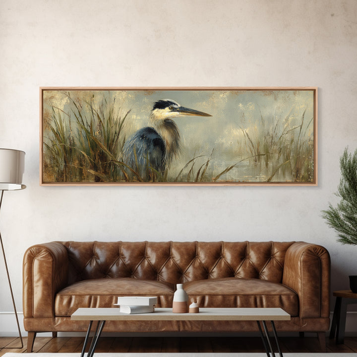 Blue Heron in Misty Marsh Grass Canvas Print, Bird Art, Boho Wall Decor, Living Room Decor, Fine Art, Flight, Nature Wall Art, BIR-3x1-66